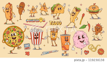 Fast food cartoon retro groovy characters, funky burgers and pizza, vector personages. Happy groovy taco with popcorn and cheeseburger, hot dog and taco with coffee in 70s hippie or hipster groovy art 119238138