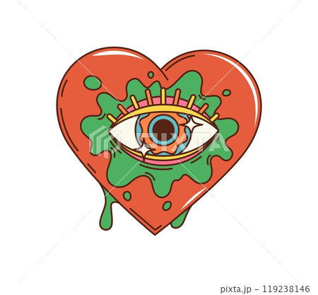 Cartoon retro groovy heart with eye. Vector hippie love symbol, trippy red heart with green paint splash and drops, wide open rainbow eye, psychedelic color pattern and sparks, funky hippy tattoo 119238146