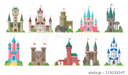 Cartoon kingdom palace castle, fairytale fortress vector buildings with flags, towers and color stone walls. Fantasy houses set of fairy tale princess palace, royal castle and medieval king fortress 119238147