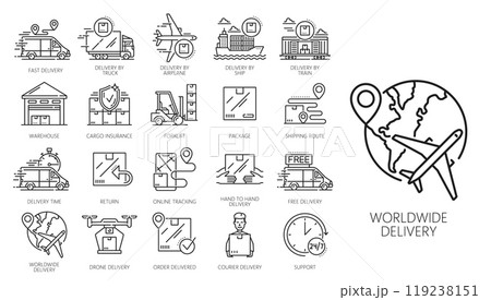Logistics line icons. Supply chain, delivery and storage, cargo service vector set. Outline freight transport, ship, truck, airplane and train, warehouse, shipping containers, delivery box and parcel Logistics line icons. Supply chain, delivery and storage, cargo service vector set. Outline freight transport, ship, truck, airplane and train, warehouse, shipping containers, delivery box and parcel 119238151
