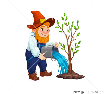 Gnome dwarf farmer character watering tree in garden, vector cartoon fairy tale personage. Gnome man or little dwarf gardener with water bucket watering tree for kids book or fairytale story Gnome dwarf farmer character watering tree in garden, vector cartoon fairy tale personage. Gnome man or little dwarf gardener with water bucket watering tree for kids book or fairytale story 119238153