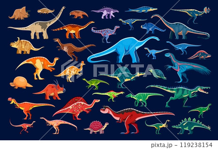 Prehistoric dinosaurs and reptiles cartoon characters. Cute color jurassic dino animals vector background with triceratops, lotosaurus, glyptodon. Extinct carnotaurus, raptor and archelon dinosaurs Prehistoric dinosaurs and reptiles cartoon characters. Cute color jurassic dino animals vector background with triceratops, lotosaurus, glyptodon. Extinct carnotaurus, raptor and archelon dinosaurs 119238154