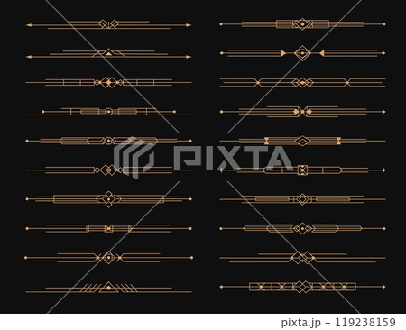 Golden art deco dividers, menu border elements, elegant line ornament frame. Vector set of vintage ornamental decorative embellishments. Gold luxurious, Art deco linear patterns, underlines or headers Golden art deco dividers, menu border elements, elegant line ornament frame. Vector set of vintage ornamental decorative embellishments. Gold luxurious, Art deco linear patterns, underlines or headers 119238159