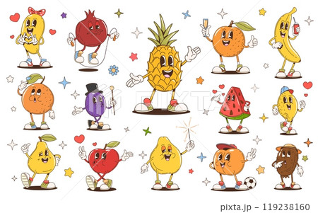 Retro cartoon groovy fruit characters. Vector cute apple, banana, peach and orange personages, funny berry food emojis. Trendy psychedelic pineapple, lemon, kiwi and pear groovy fruit emoticons 119238160