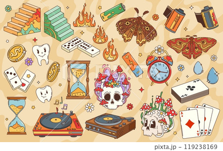 Retro groovy elements and symbols. Vector hippie flowers, butterflies and mushrooms, vintage record players and cartoon psychedelic skulls. Funky playing cards, coins, domino tiles and camera films Retro groovy elements and symbols. Vector hippie flowers, butterflies and mushrooms, vintage record players and cartoon psychedelic skulls. Funky playing cards, coins, domino tiles and camera films 119238169