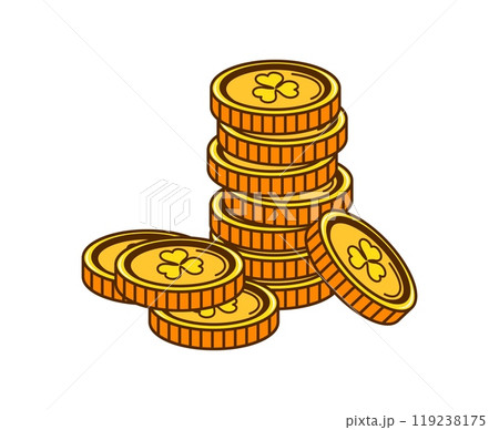 Cartoon retro golden coins stack. Isolated vector pile of gold coins with clover leaves, mountain of yellow money, symbol of luck. Irish st Patrick day gold of leprechaun with iconic shamrock symbols 119238175