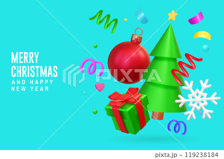 3d realistic Christmas tree with confetti. Vector illustration. Green Gift box with red bow, Christmas tree with xmas ball, confetti 3d design element for New Year's holiday decor 3d realistic Christmas tree with confetti. Vector illustration. Green Gift box with red bow, Christmas tree with xmas ball, confetti 3d design element for New Year's holiday decor 119238184