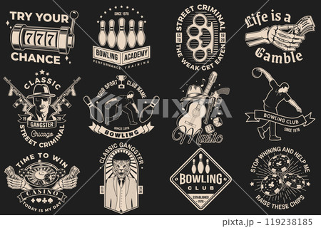 Set of bowling, gangster club and casino badge design. Vector illustration. Vintage monochrome label, sticker, patch with gangster, bowling and casino games silhouettes. Set of bowling, gangster club and casino badge design. Vector illustration. Vintage monochrome label, sticker, patch with gangster, bowling and casino games silhouettes. 119238185