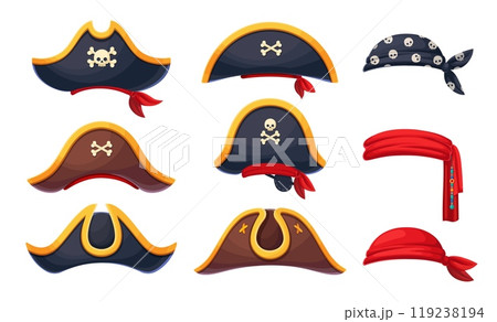 Pirate corsair or sailor bandana and captain tricorn hats. Cartoon carnival costume hats with piracy skulls, crossbones, eye patch and red scarf, jolly roger caps and beads, pirate headgear set Pirate corsair or sailor bandana and captain tricorn hats. Cartoon carnival costume hats with piracy skulls, crossbones, eye patch and red scarf, jolly roger caps and beads, pirate headgear set 119238194