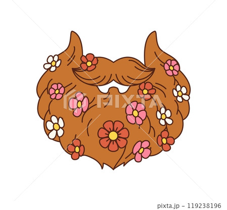 Cartoon retro groovy hippie beard. Vector bushy hipster beard and mustaches with vibrant flowers, symbolizing a blend of masculinity and nature, hippie movement, bohemian style and carefree 60s vibe 119238196