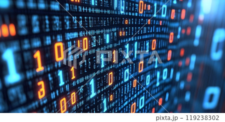 Abstract digital code background with blue and orange binary numbers. Abstract digital code background with blue and orange binary numbers. 119238302