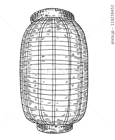 Paper lanterns. Vintage hatching monochrome black illustration. Isolated on white 119238452