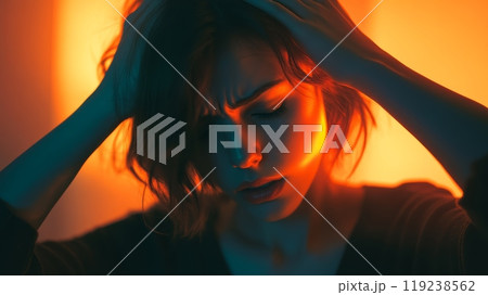Stressed woman holds head, eyes closed in pain. Dramatic lighting intensifies scene, reflecting inner turmoil. Portrait captures raw emotions of suffering, sadness, exhaustion 119238562