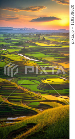 Green rice terraces bask in sunset glow 119238620