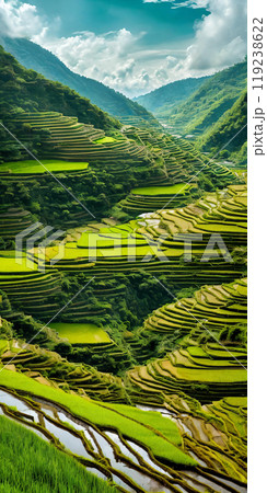 Green rice terraces bask in sunset glow 119238622