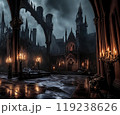 Elegant but spooky vampire lair with gothic architecture, dim lighting, and cobwebs 119238626