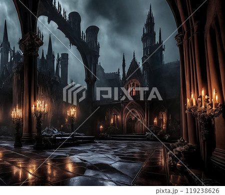 Elegant but spooky vampire lair with gothic architecture, dim lighting, and cobwebs 119238626