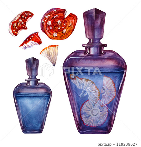 Transparent dark glass vintage bottle with liquid and poisonous mushrooms fly agarics. Watercolor illustration template for witch magic potion, alchemy, Halloween, medicine, fairy dreams, aromatherapy Transparent dark glass vintage bottle with liquid and poisonous mushrooms fly agarics. Watercolor illustration template for witch magic potion, alchemy, Halloween, medicine, fairy dreams, aromatherapy 119238627