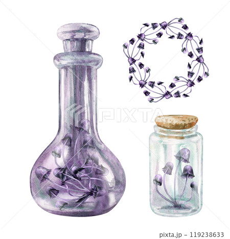 Transparent glass vintage bottles with poisonous mushrooms toadstools. Watercolor illustration template for witch magic potions, alchemy, Halloween, medicine, fairy dreams, beauty spa 119238633