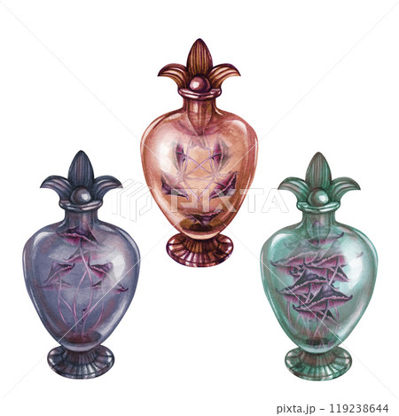 Transparent glass vintage bottles with poisonous mushrooms toadstools. Watercolor illustration template for witch magic potions, alchemy, Halloween, medicine, fairy dreams, beauty spa 119238644