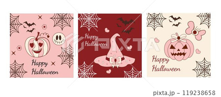 Pink girly coquette halloween card set. Vector illustration. 119238658