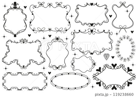 Cute coquette Vintage hand drawn victorian frames set with hearts and floral elements. Luxury wedding frames borders, Baroque ornament. Vector illustration 119238660