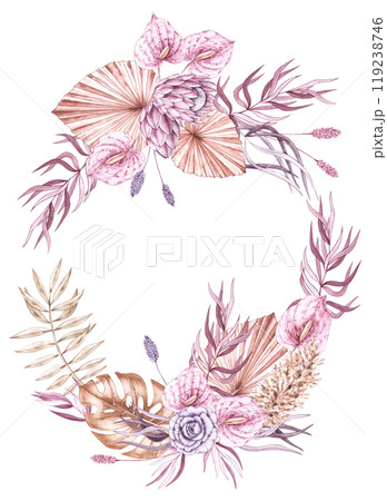 Watercolor tropical boho wreath with flowers Watercolor tropical boho wreath with flowers 119238746