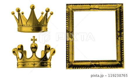 Gold glitter collage photo frame template with a transparent crown set. Retro scrapbook layout featuring a doodle elements Gold glitter collage photo frame template with a transparent crown set. Retro scrapbook layout featuring a doodle elements 119238765