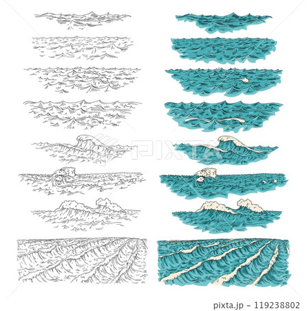 Sea waves. Vintage vector engraving color illustration. Isolated on white 119238802