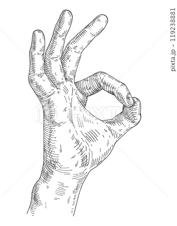 Male hand showing symbol okay. Vintage monochrome gray hatching illustration 119238881