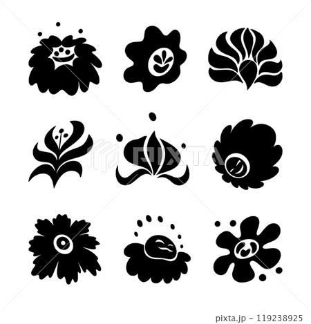 Flower icons. Simple rose silhouette, black and white floral shape. Lotus leaf blossom, beauty plants. Abstract exotic bouquet, botanical decorative isolated elements. Vector flat illustration Flower icons. Simple rose silhouette, black and white floral shape. Lotus leaf blossom, beauty plants. Abstract exotic bouquet, botanical decorative isolated elements. Vector flat illustration 119238925