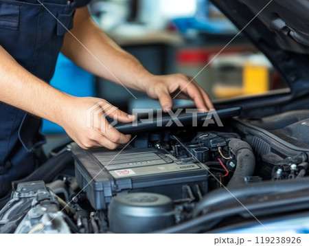 Mechanic using digital tablet while examining car engine Mechanic using digital tablet while examining car engine 119238926