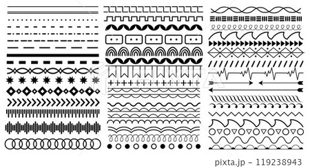 Border lines set. Star, dot and wave frames, simple wavy beak design. Square and circle interface dividers sketch collection. Geometric and doodle forms. Vector isolated elements Border lines set. Star, dot and wave frames, simple wavy beak design. Square and circle interface dividers sketch collection. Geometric and doodle forms. Vector isolated elements 119238943