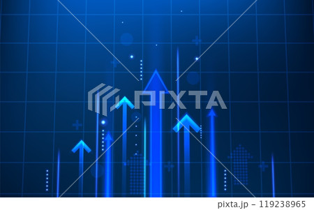 Growth background. Arrow up, financial business strategy on market. Success graph chart, trade grid. Blue background with glowing elements. Financial company abstract design. Vector concept 119238965