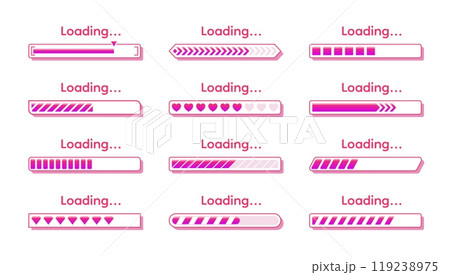 Progress status. Ui graphic icon, flat download bar signor empty loader set. Upload backup, downloading or update elements for design. Pink girly romantic interface indicator. Vector templates Progress status. Ui graphic icon, flat download bar signor empty loader set. Upload backup, downloading or update elements for design. Pink girly romantic interface indicator. Vector templates 119238975
