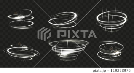 Glow effect. Spin line. Light ring motion or circular swirl. Circle and oval spirals. Round flare speed blur. Vortex shine. Tornado twirl with luminous sparkles. Vector elements set Glow effect. Spin line. Light ring motion or circular swirl. Circle and oval spirals. Round flare speed blur. Vortex shine. Tornado twirl with luminous sparkles. Vector elements set 119238976