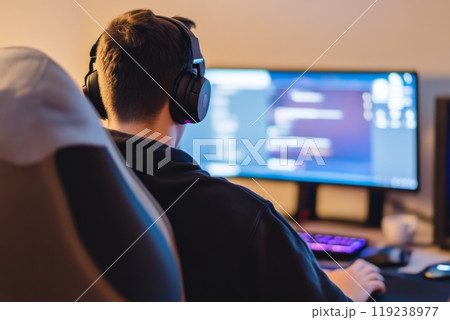 Young programmer concentrating and working on computer programming code at night 119238977