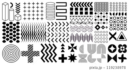 Line shapes. Geometric graphic form. Abstract pattern. Black dot or cross. Minimal wave card. Silhouette star. Square or circle with point decoration. Ornament print. Vector elements set 119238978