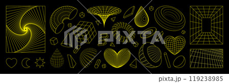 Y2K shapes. 3D retro graphic figures. Line heart. Globe and vortex. Sticker with grid pattern. Tech wireframe surface. Cool geometry art. Abstract cyber line sphere. Vector icons set Y2K shapes. 3D retro graphic figures. Line heart. Globe and vortex. Sticker with grid pattern. Tech wireframe surface. Cool geometry art. Abstract cyber line sphere. Vector icons set 119238985