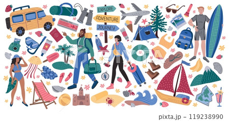 Travel. Vacation adventures, people trip with backpack compass and map, suitcase airplane and mountain. Men and women on beach. Holiday doodle isolated elements. Vector tourism cartoon set Travel. Vacation adventures, people trip with backpack compass and map, suitcase airplane and mountain. Men and women on beach. Holiday doodle isolated elements. Vector tourism cartoon set 119238990