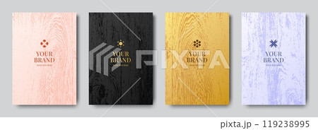 Wood background. Black or white luxury boards. Premium gold table menu. Abstract material structure. Woodgrain label. Brand sticker. Hardwood timber texture. Vector design banners set 119238995