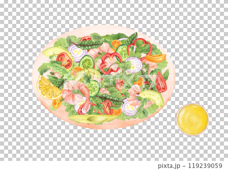 Fresh shrimps with lemon, avocado, lettuce, cherry tomatoes, cucumbers, onions, green leaf and pumpkin seeds salad with olive oil watercolor illustration. Prawn salad on plate, top view Fresh shrimps with lemon, avocado, lettuce, cherry tomatoes, cucumbers, onions, green leaf and pumpkin seeds salad with olive oil watercolor illustration. Prawn salad on plate, top view 119239059