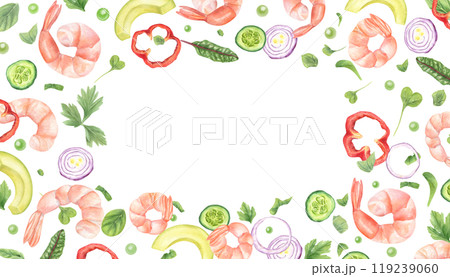 Pink tiger shrimp, vegetables, greens salad ingredients watercolor illustration. Boiled prawn, onion rings, cucumber slices, sweet pepper, avocado, green peas horizontal frame with copy space for text 119239060