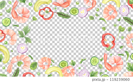 Pink tiger shrimp, vegetables, greens salad ingredients watercolor illustration. Boiled prawn, onion rings, cucumber slices, sweet pepper, avocado, green peas horizontal frame with copy space for text 119239060
