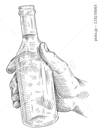 Male hand holding and clinking beer bottle. Vintage color illustration 119239065