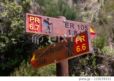 Woden direction panels, Rabacal, Madeira, Portugal Woden direction panels, Rabacal, Madeira, Portugal 119239331