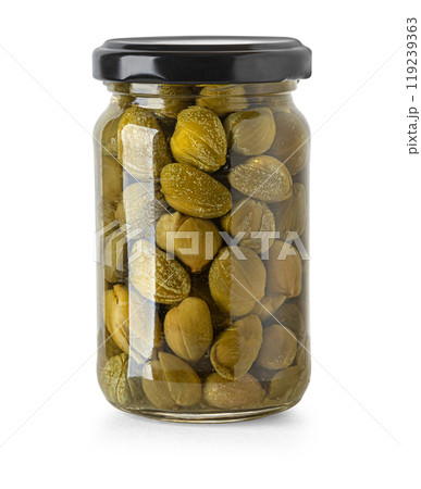 Full glass jar of pickled capers Full glass jar of pickled capers 119239363