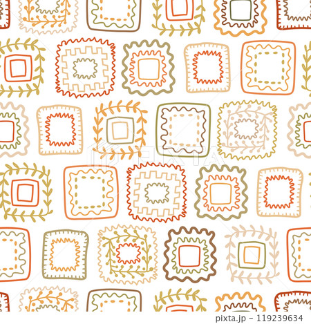 Earth tone hand drawn square shapes seamless pattern. Vector granny square crochet print. Earth tone hand drawn square shapes seamless pattern. Vector granny square crochet print. 119239634