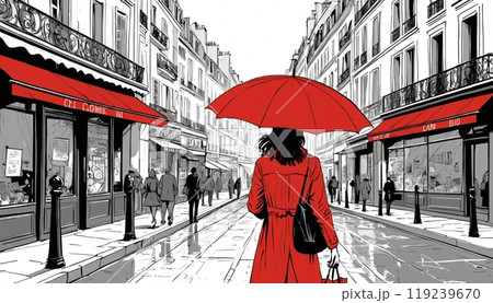 雨のパリの街を歩く女性のイラスト│赤い傘と赤いコート 119239670