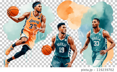 Illustration of a basketball player dribbling | Watercolor style Illustration of a basketball player dribbling | Watercolor style 119239702